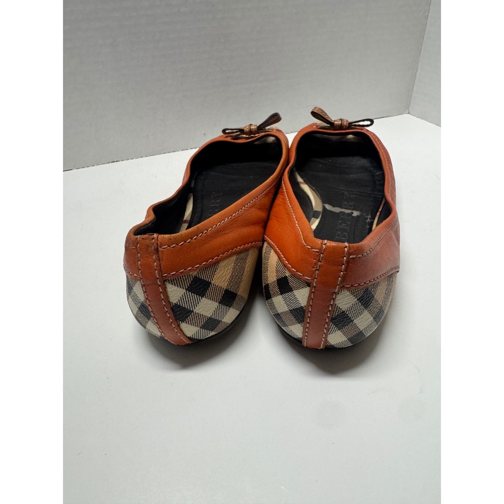 Burberry Orange Leather Nova Check Peep Toe Ballet Flats Bow‎ Charms Size 37 7 - Picture 4 of 10